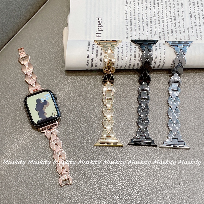 Dây Đeo Bằng Thép Không Gỉ Họa Tiết Kim Cương Cho Đồng Hồ Thông Minh Apple Watch Series 7 SE 6 5 4 45mm 44mm 40mm 38mm 42mm