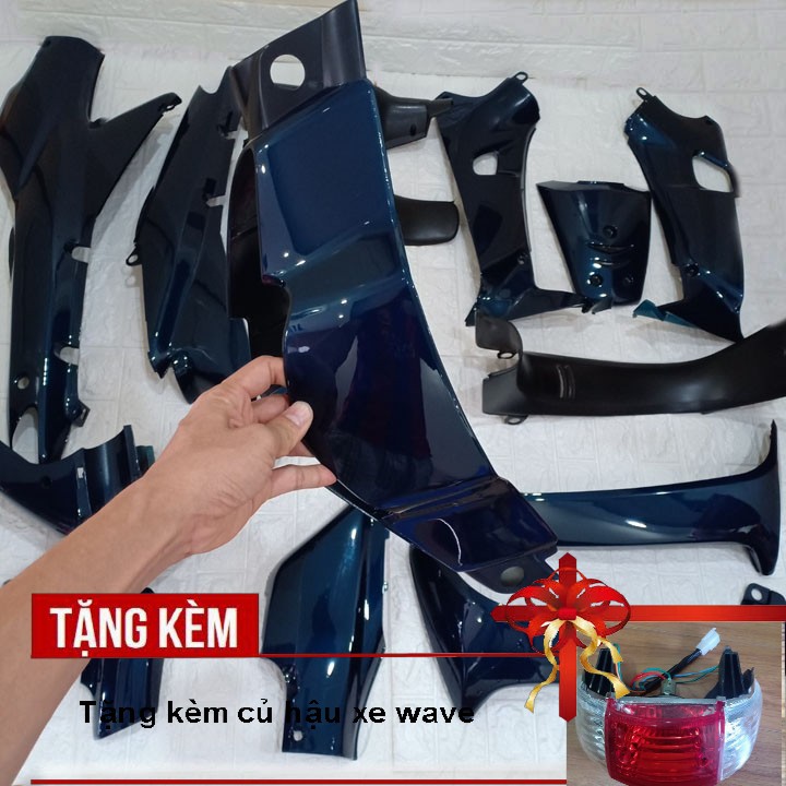 Bộ dàn áo nhựa nguyên sinh ABS xe Wave alpha, Wave Zx, Wave 110 đời 2002 đến 2006 màu Xanh nhớt - Tặng kèm theo củ hậu x