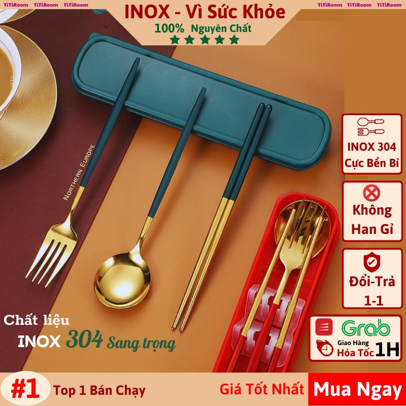 Bộ thìa đũa muỗng dĩa inox 304 mạ vàng cán dài cao cấp sang chảnh Dụng cụ cá nhân ăn cơm văn phòng dã ngoại titiroom