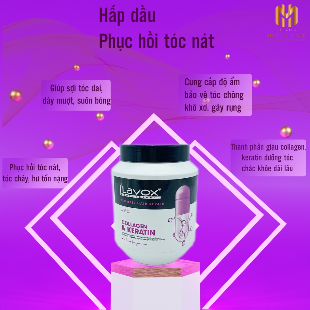 Hấp dầu phục hồi cao cấp Mollyhair thương hiệu Lavox, phục hồi tóc nát tóc cháy hư tổn nặng do tác nhân hại 500ml