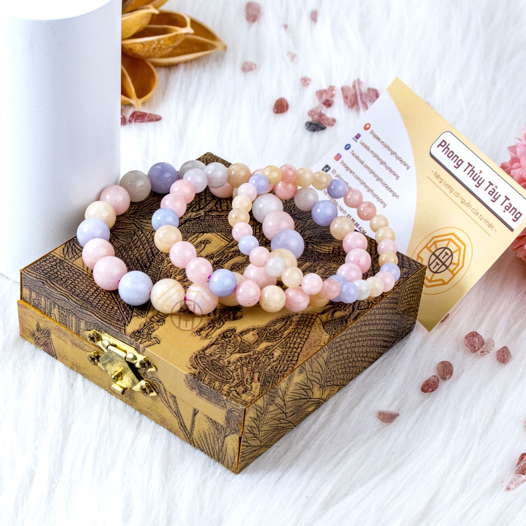 Vòng tay phong thuỷ Đá Beryll Đa Sắc [TẶNG HỘP GỖ] May Mắn cho nữ mệnh Kim Mộc Thuỷ Hoả Thổ - Phong Thủy Tây Tạng