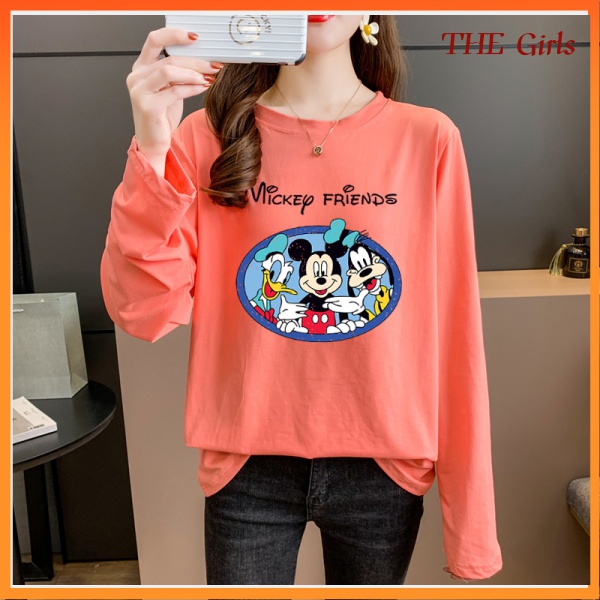 Áo thun tay dài dáng rộng in hình chuột Mickey thời trang cho nữ w1ky