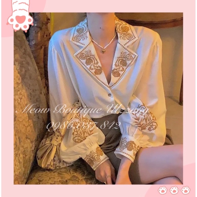 Áo sơ mi tay dài vintage cổ vest hoạ tiết thêu cực xinh có ảnh thật