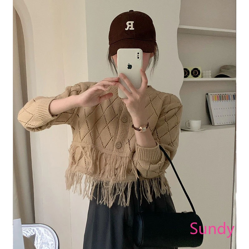 Áo Khoác Cardigan Dệt Kim Họa Tiết Kim Cương Phối Tua Rua Thời Trang Mùa Thu Cho Nữ