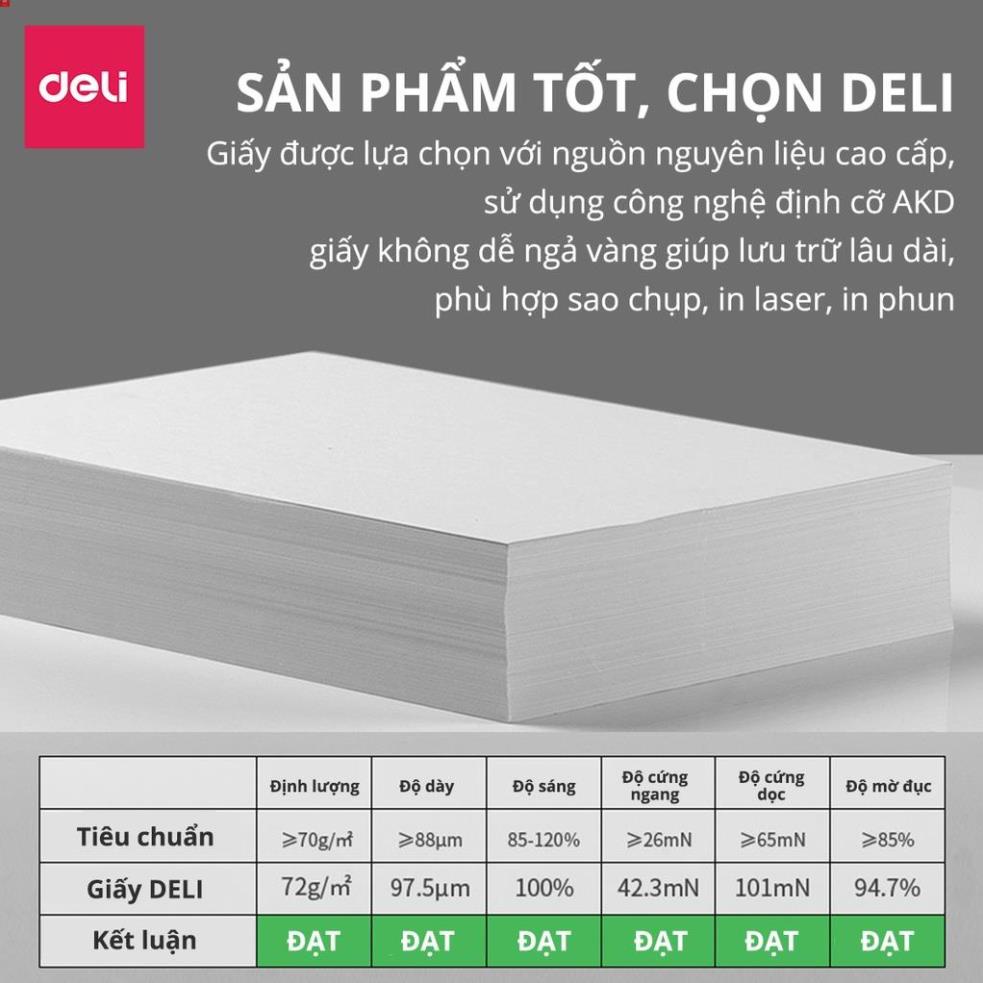 [MUA NHIỀU GIẢM THÊM] Giấy in A4 cao cấp Deli định lượng 70gsm - Tệp 500 tờ,  chống tích điện, chống lóa - W7401 .