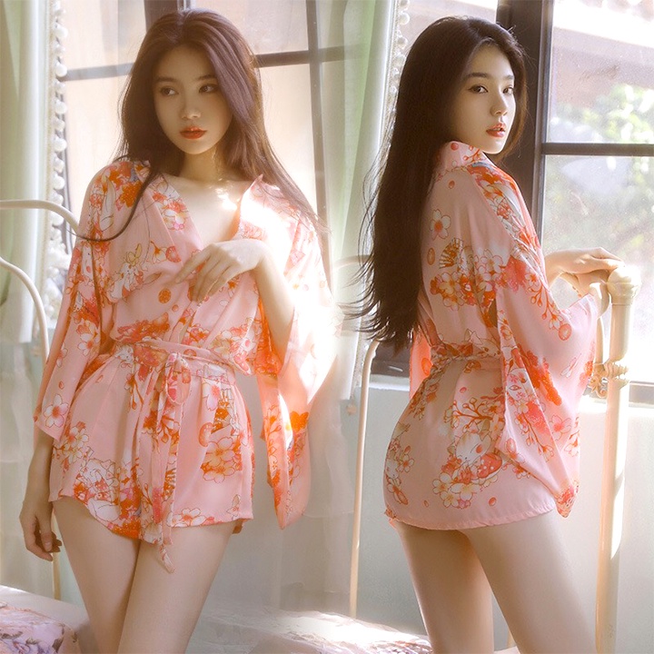 Váy ngủ kimono quyến rũ áo choàng ngủ với họa tiết và hoa cuốn hút