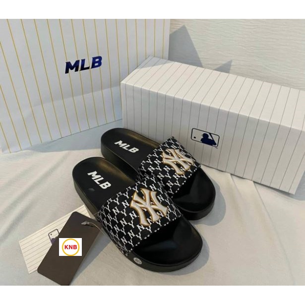 Dép 𝐌𝐋𝐁 UNISEX mẫu dép thể thao ❤️ Freeship + Hộp ❤️ Dép NY bóng chày quai ngang nam nữ chữ thêu nỗi kèm mác full đen
