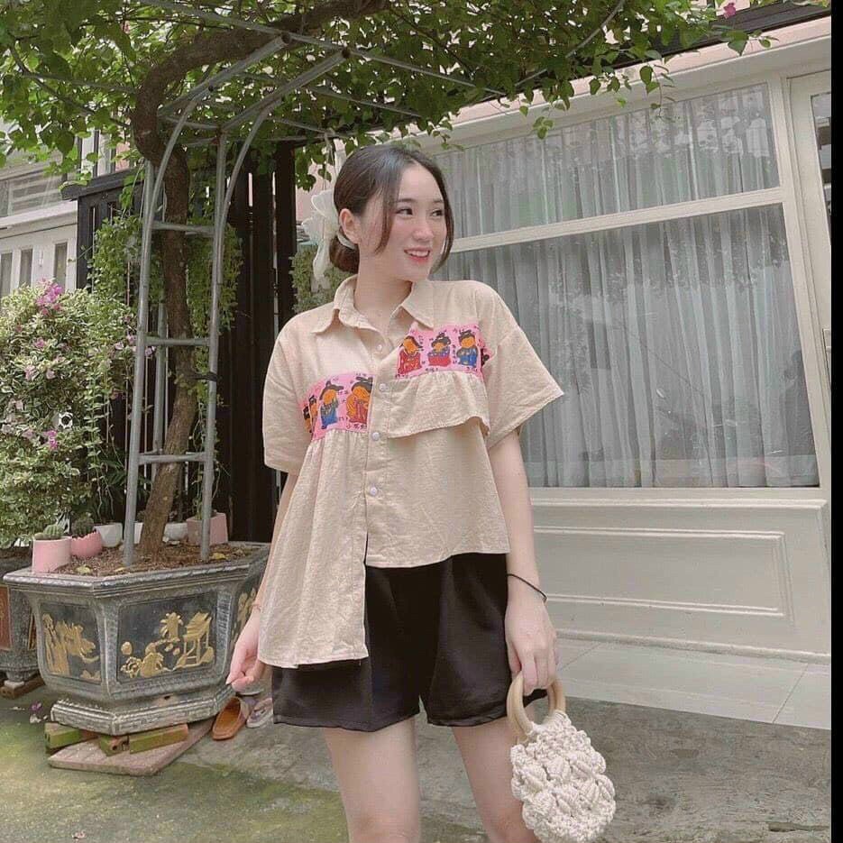 [ Miễn phí ship 2022 ] Set áo sơ mi vạc lệch, bộ chéo tà in hình cute quần short đen đi chơi mặc nhà dễ thương