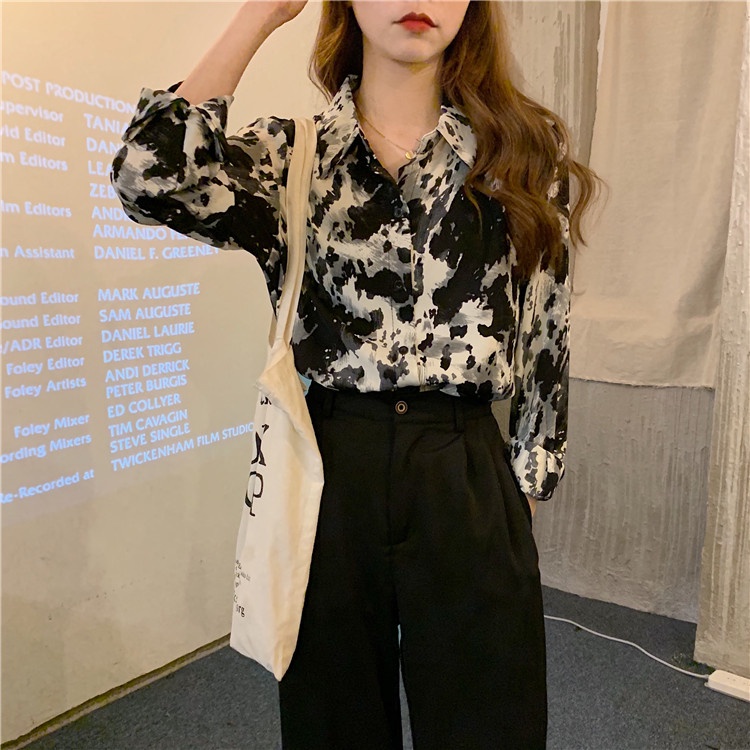 SUXI Áo sơ mi chiffon tay dài dáng rộng phong cách retro thời trang cho nữ