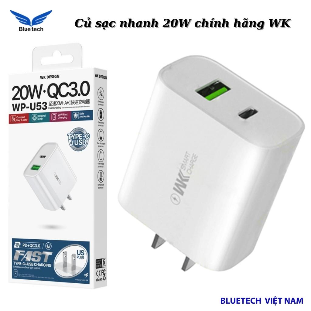 Củ sạc nhanh 20W 2 cổng sạc nhanh PD 20W - QC3.0 20w Chính Hãng WP-U53 Bảo Hành 12 Tháng - Bluetech