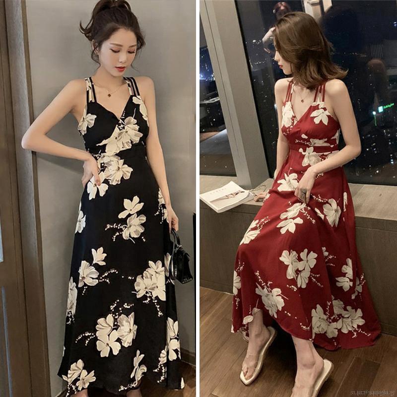 Đầm dây cổ chữ V in hoa bằng vải chiffon cho nữ