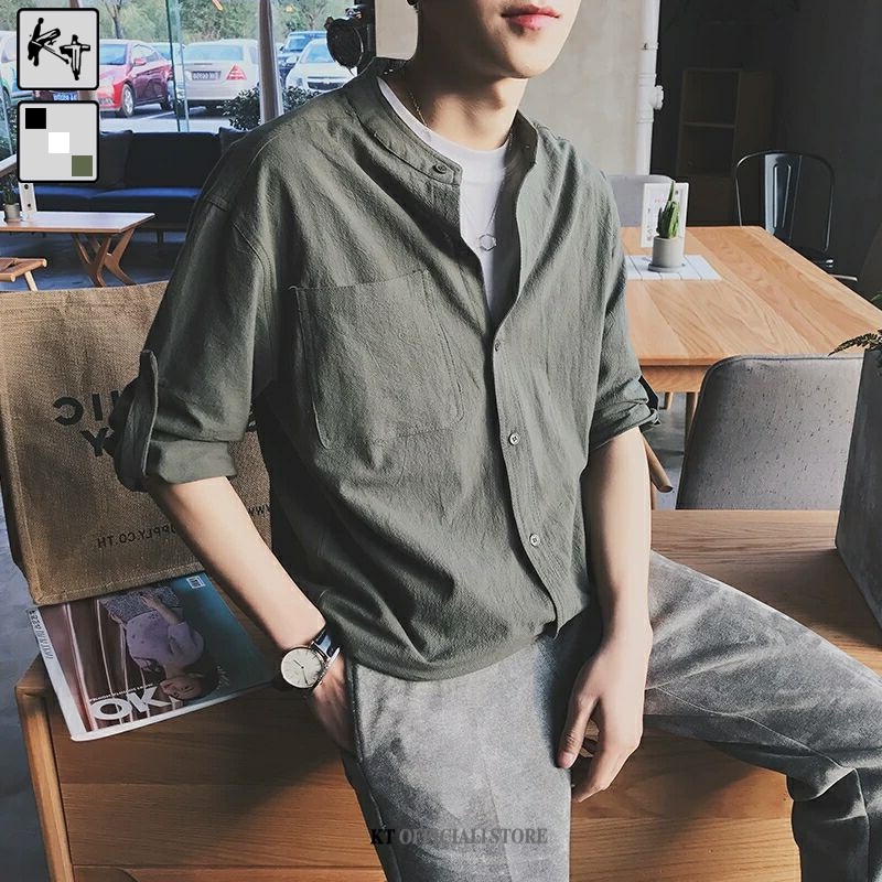 Áo sơ mi KT cotton lanh cổ tròn tay lửng dáng rộng thời trang mùa hè cho nam giới size M-3XL