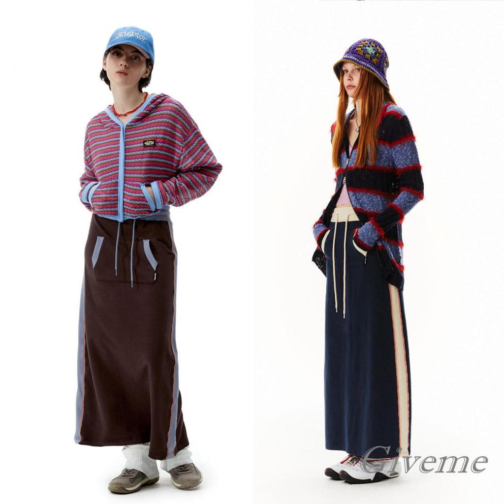 Chân Váy Dài Chữ A Lưng Thun Phối Túi Màu Sắc Tương Phản Phong Cách Cổ Điển Dành Cho Nữ