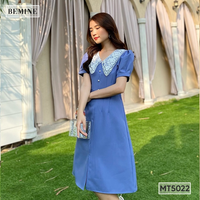 Đầm trơn cổ ren đính hạt BEMINE MT5022XANHLAM