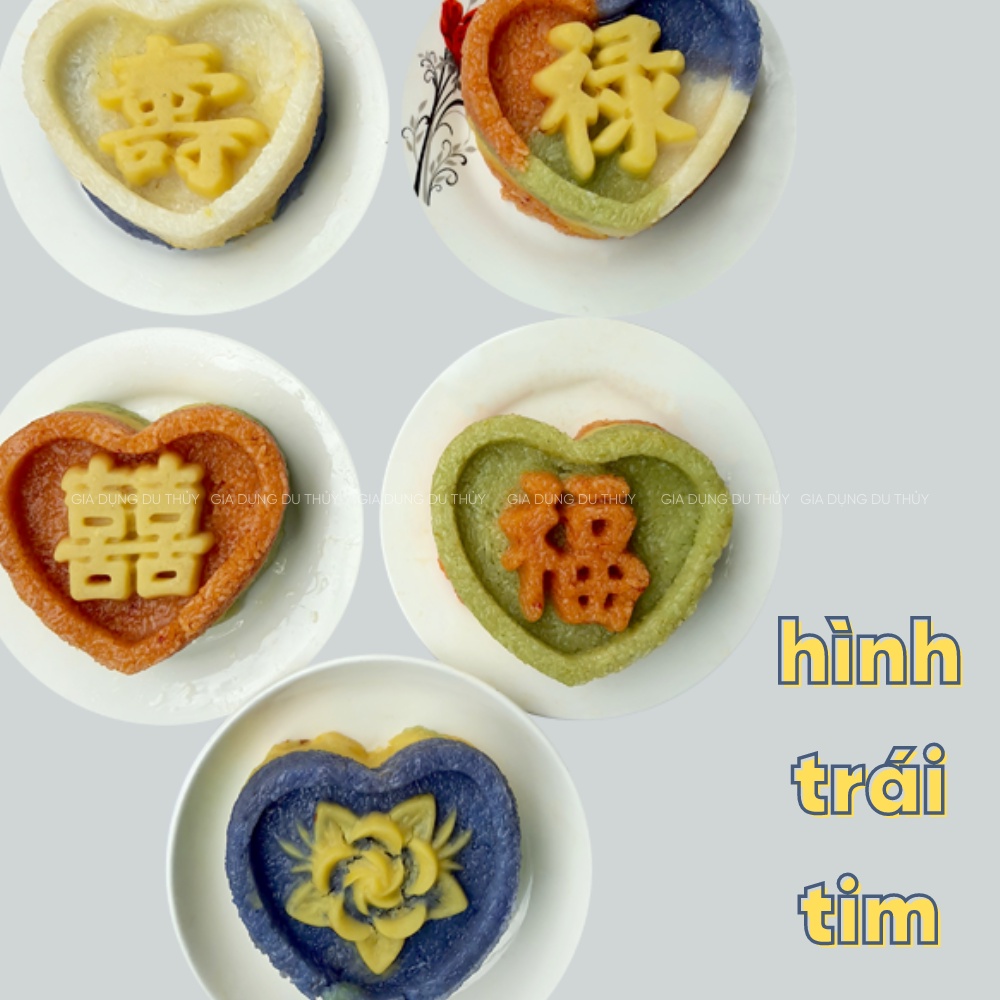 Khuôn nhận xôi hình tròn, hình trái tim, hình vuông, hình hoa mai có chữ Phước, Lộc, Thọ, Hỷ, hoa hồng, hoa sen