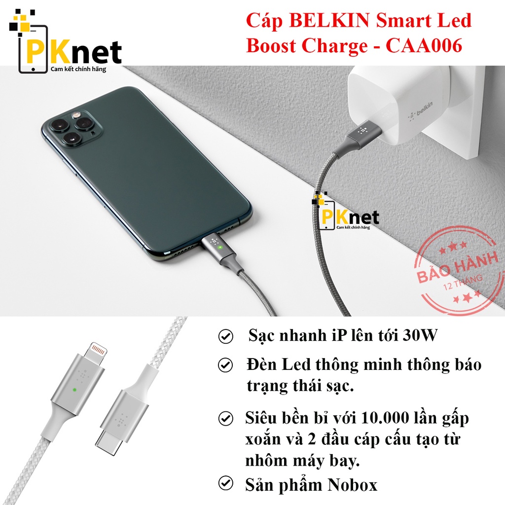 Cáp BELKIN Smart Led Boost Charge CAA006, cáp sạc nhanh 30W cho iP - CHÍNH HÃNG (Bảo hành 12 tháng 1 đổi 1)