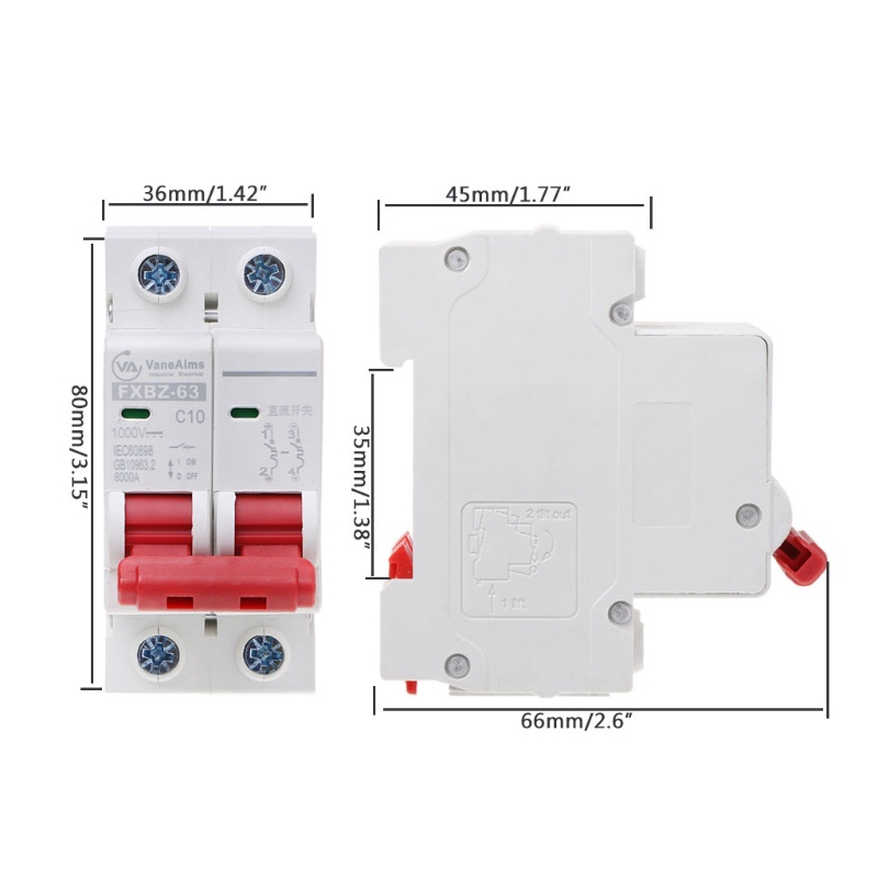 Cầu Dao Ngắt Mạch Loại C 2 Cực 10A / 16A / 32A / 50A / 63A 1000V ~ C 35mm