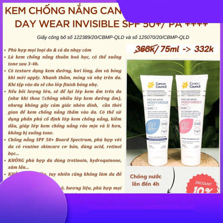 CHỈ SALE HÔM NAY Kem chống nắng Cancer Council Face Day Wear Invisible SPF 50+/ PA ++++ dành cho da mặt hàng ngày CHỈ SA