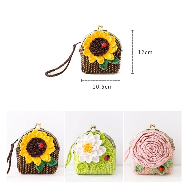 DIY gói nguyên liệu tự đan móc ví nữ cầm tay hoa amigurumi thủ công handmade quà tặng crochet thêu hoa vintage lenmade
