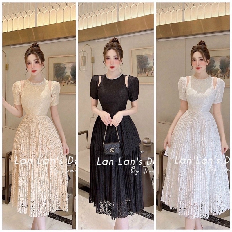 Váy ren tầng cổ ngọc khoét vai ảnh chụp thật