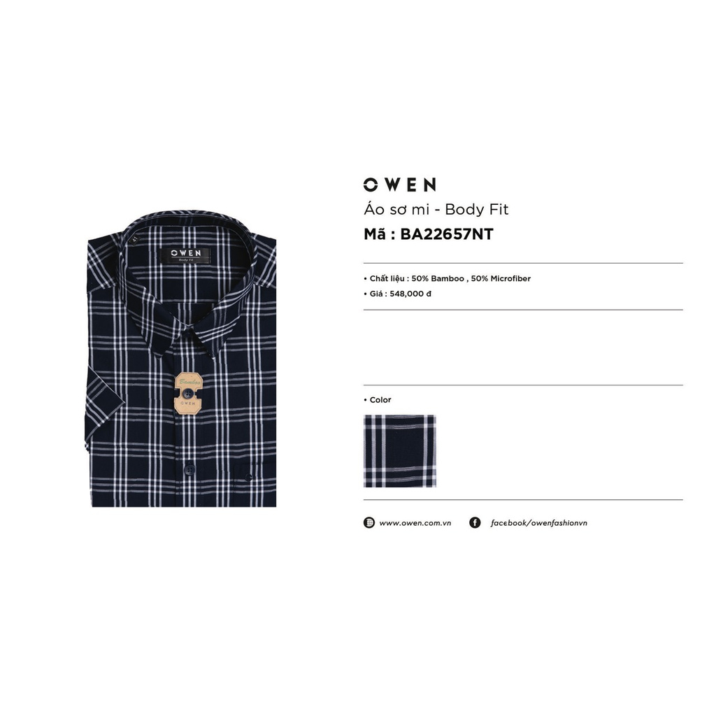 Áo Sơ Mi Nam Ngắn Tay Owen BA22657NT Somi Cộc Tay Công Sở Cao Cấp Kẻ Caro To Xanh Trắng Chất Sợi Tre Body Fit Tà Bằng | BigBuy360 - bigbuy360.vn