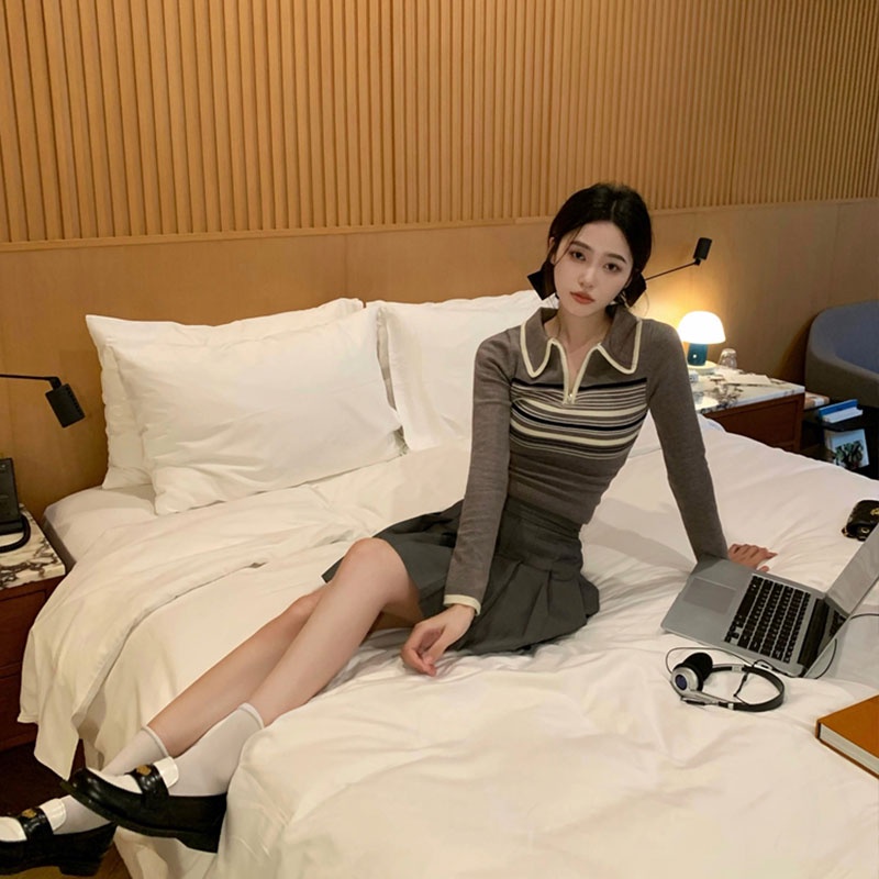 Áo Dệt Kim Tay Dài Dáng Ôm Họa Tiết Kẻ Sọc Thời Trang Hàn Quốc Cho Nữ