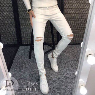 Quần jean nam trắng rách gối chất jean xướt vá nhẹ cao cấp-MIna-Fashion-