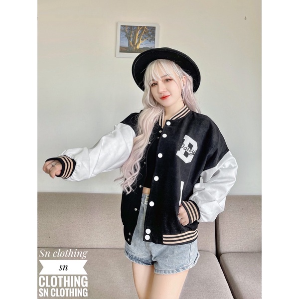 Áo khoác bomber thêu chữ B Daisy 2 lớp phong cách Hàn Quốc, áo khoác bóng chày