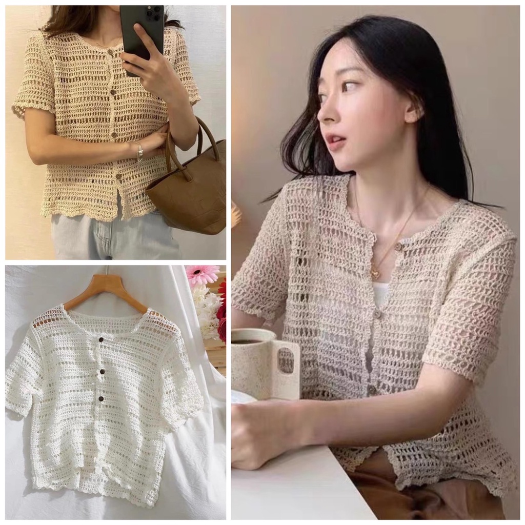 Áo lưới khoác đi biển- Áo Croptop cài khuy tay lỡ 2 màu trắng và be dáng tiểu thư. MET SHOP