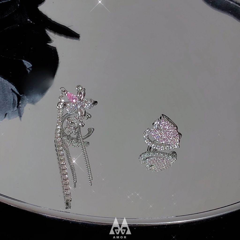 Khuyên Kẹp Vành Tai Đính Đá zircon Hình Trái Tim Không Cần Lỗ Tai Dạng Tua Rua Cao Cấp niche Cho Nữ