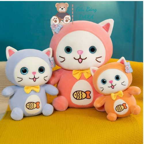 Gấu Bông Mèo Thêu Cá Hồng Miniso - Gấu Ôm Mèo Mắt Ngọc Thêu Cá - Chất Vải Nỉ Nhung Hàn Quốc Cao Cấp