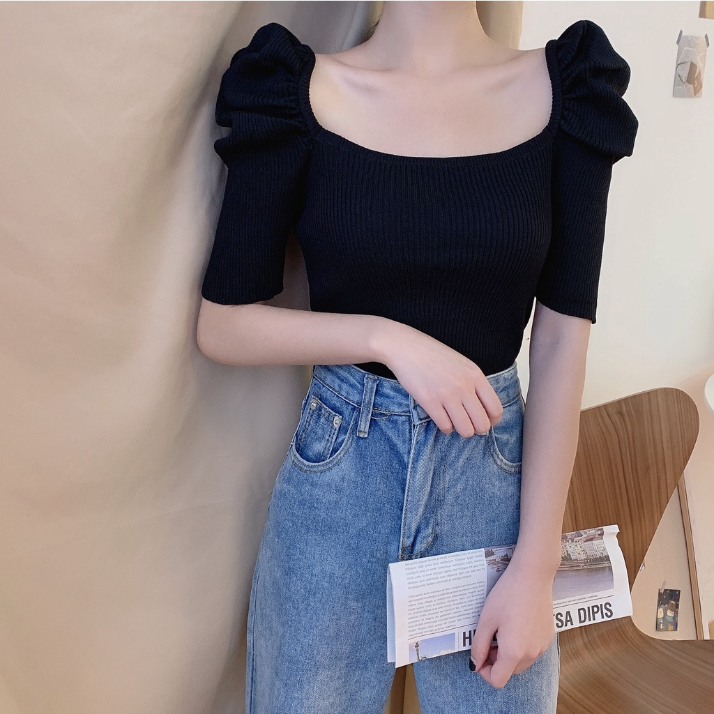 Áo thun ZHELIHANGFEI dệt kim tay ngắn phồng cổ vuông bằng lụa lạnh phong cách pháp cổ điển thời trang