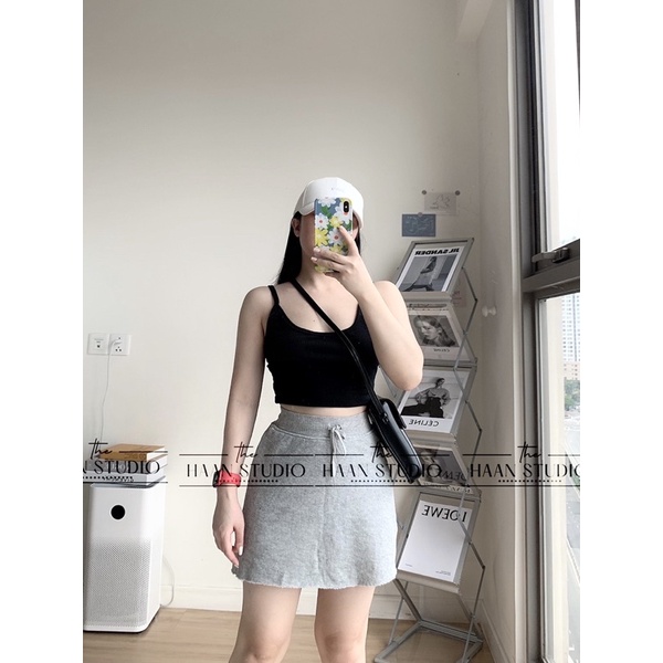 Sét bộ áo hai dây croptop sọc phối chân váy trơn cực xinh , chất vải nỉ mềm mại ( hình thật shop tự chụp)
