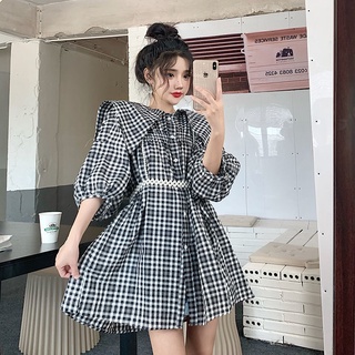 Đầm sơ mi tay phồng họa tiết sọc caro thiết kế hở lưng phong cách cổ điển thời trang cho nữ