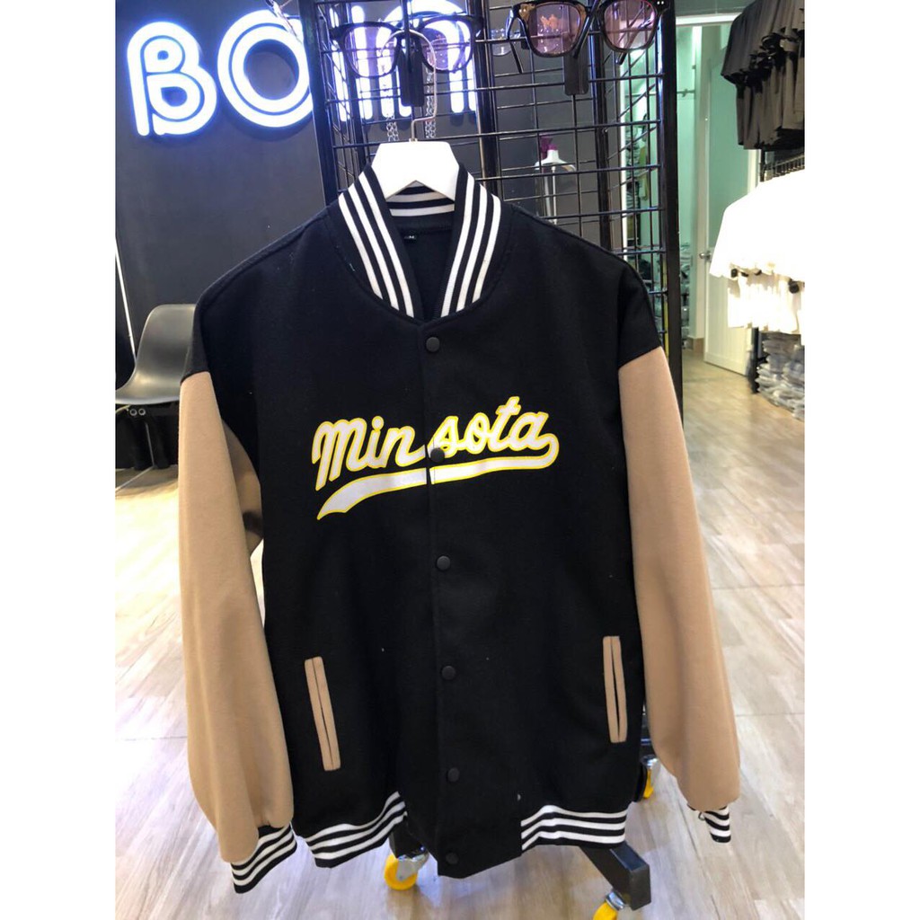 Áo Khoác Dạ BOMBER MINSOTA 2 màu Xanh/Đen Unisex cho cả nam và nữ _ hình thật