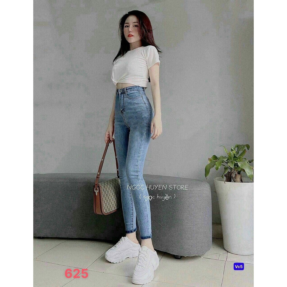 Quần jean nữ lưng cao co giãn có túi, quần bò cạp cao skinny jeans bigsize trơn dài basic
