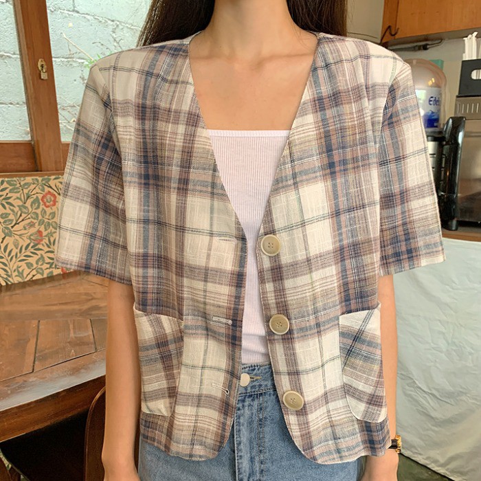 Áo Vest Blazer 3 cúc Cổ V Form rộng Phối túi Kẻ sọc caro Áo Vest Blazer nữ Ngắn tay Ulzzang Hàn Quốc Thời trang | BigBuy360 - bigbuy360.vn
