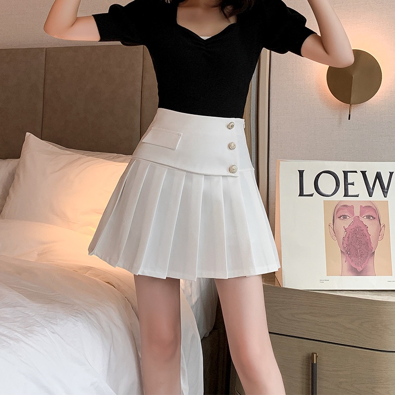 Chân váy tennis xếp ly ngắn lưng cao chữ A đen trắng trẻ trung năng động vạt chéo 3 khuy vải dày | BigBuy360 - bigbuy360.vn