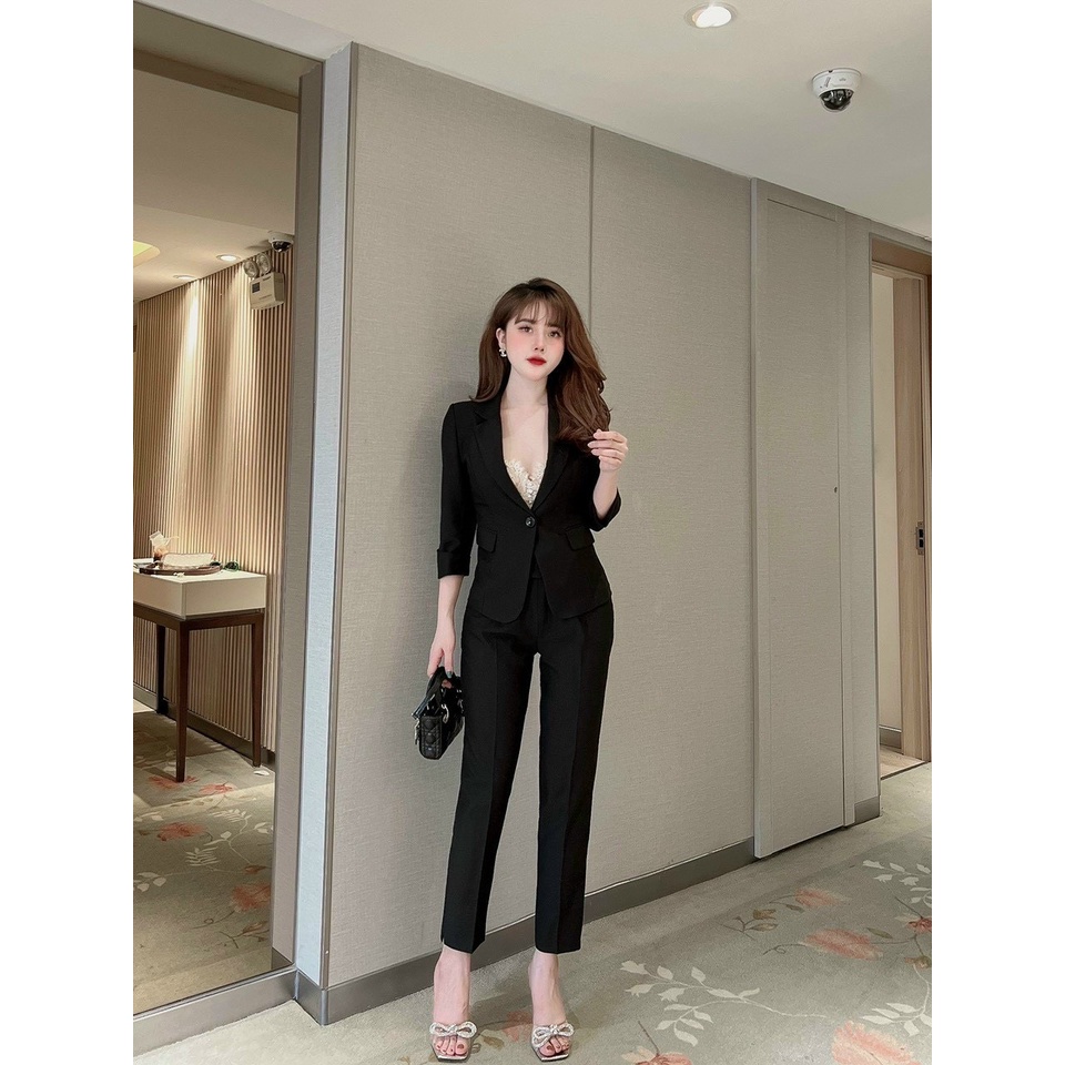 Set Vest nữ công sở trơn áo vest tay lỡ quần tây dài dáng baggy Bộ vest thiết kế MQ Boutique