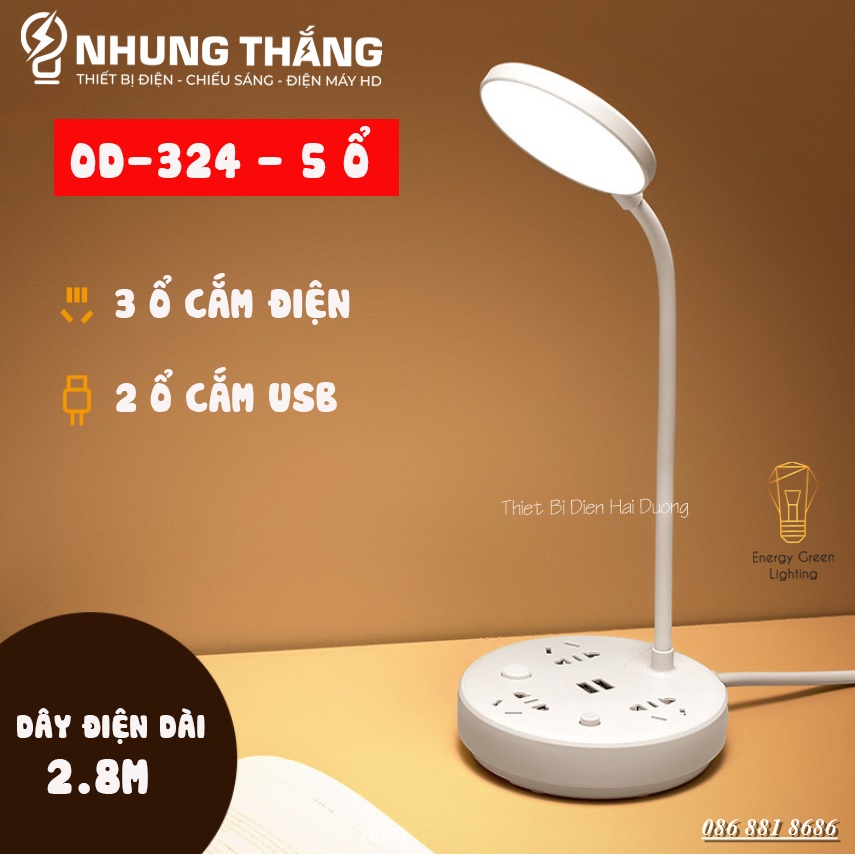 Ổ Cắm Điện Thông Minh Kiêm Đèn Bàn OD-324 - Tích Hợp Đèn Chiếu Sáng - 3 Chế Độ Ánh Sáng - Dây Điện Dài 2m8 - BH 1 Năm