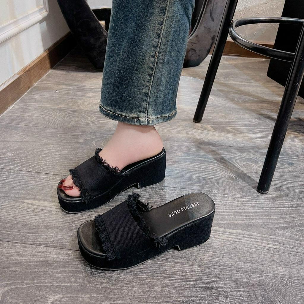 Guốc Nữ Quai Ngang Jean Đế Vuông Cao 5 Phân Cao Cấp , Dép Xuồng Quai Ngang Đế Cao Tôn Dáng