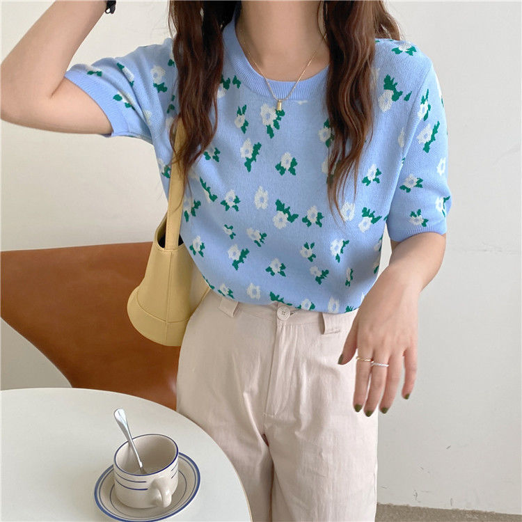 SUXI Áo tay ngắn họa tiết hoa vintage phong cách Hàn Quốc dành cho nữ