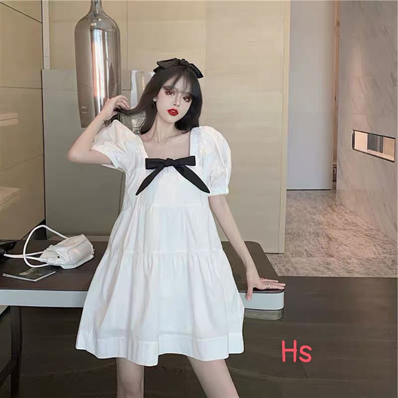 Váy trắng trễ vai babydoll thắt nơ đen mặc được 2 kiểu (ảnh thật cuối)