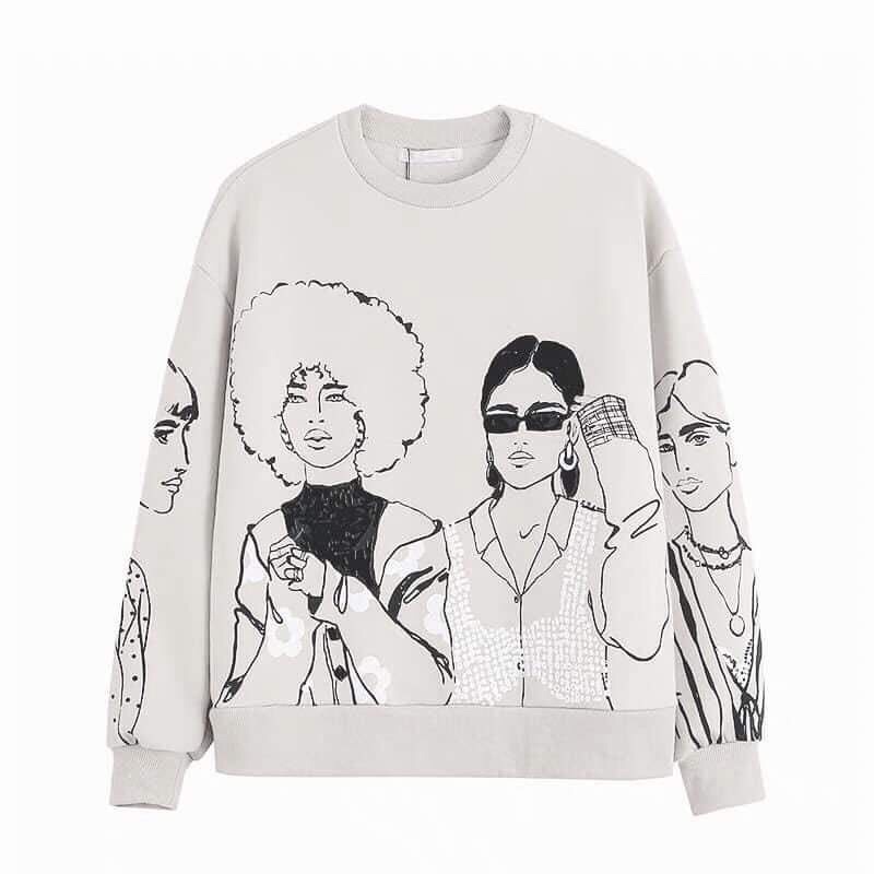 áo nỉ dai tay cổ tròn sweater in cô gái đeo kính