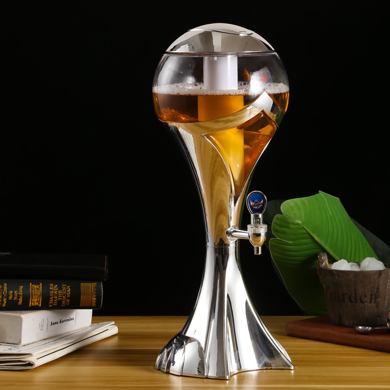 Tháp Bia Có Đèn Led 3 lít HC Hình Cúp Đựng Beer Trà sữa Nước ngọt Có Lõi đá giữ lạnh Vòi rót Decor nhà hàng, bar, cafe