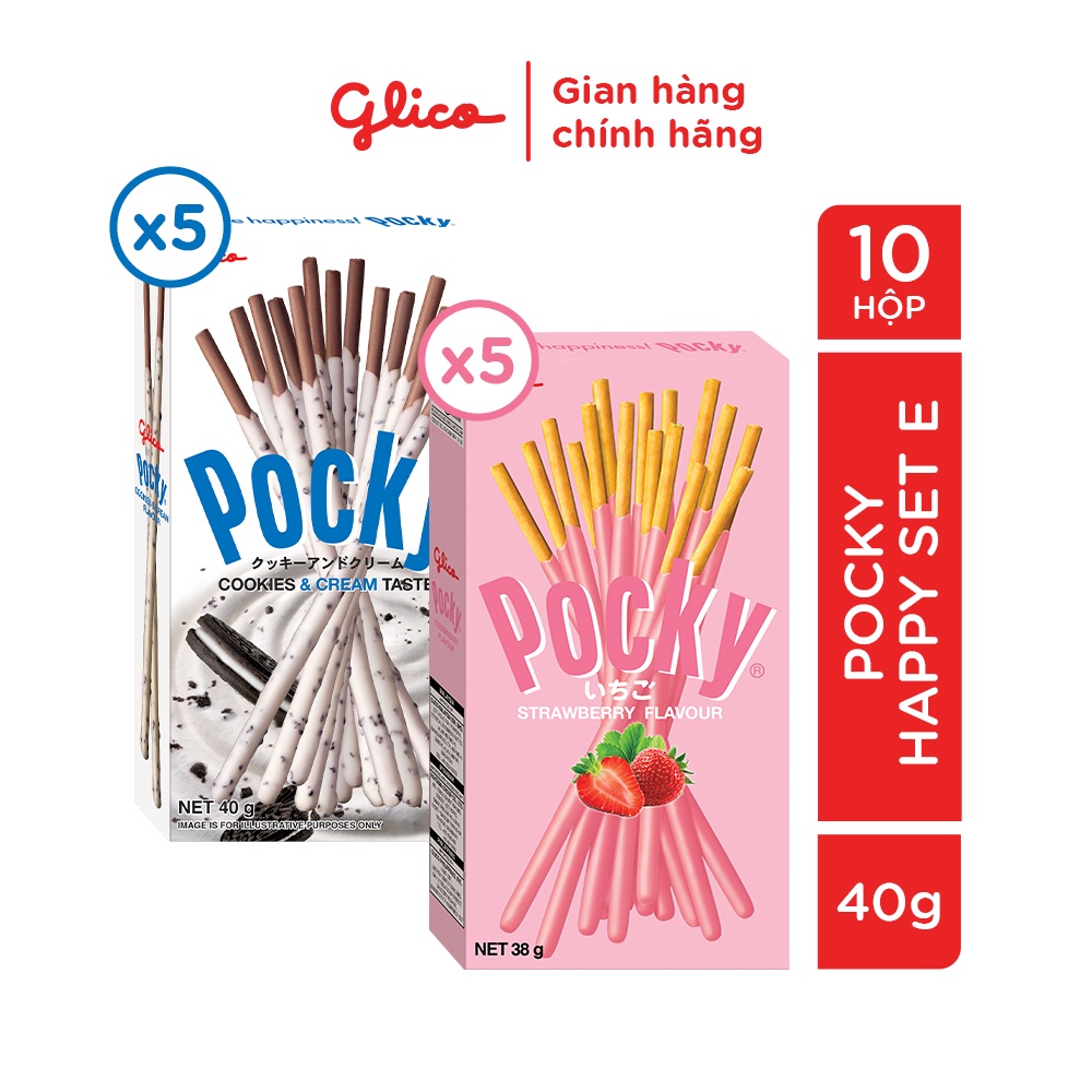 Bánh snack que phủ kem Glico Pocky Happy Set E combo 10 hộp (5 dâu 5 cookies cream)