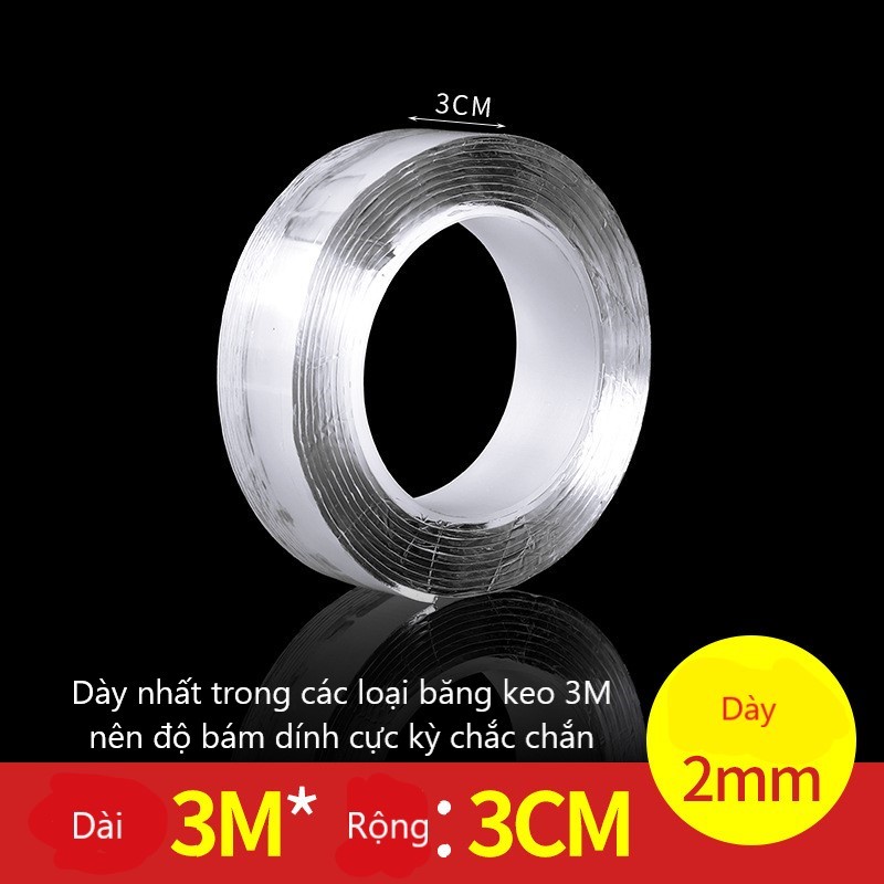 Băng keo 3m 2 mặt siêu dính, keo 2 mặt 3m không thấm nước dày 2mm, 3mx3cm