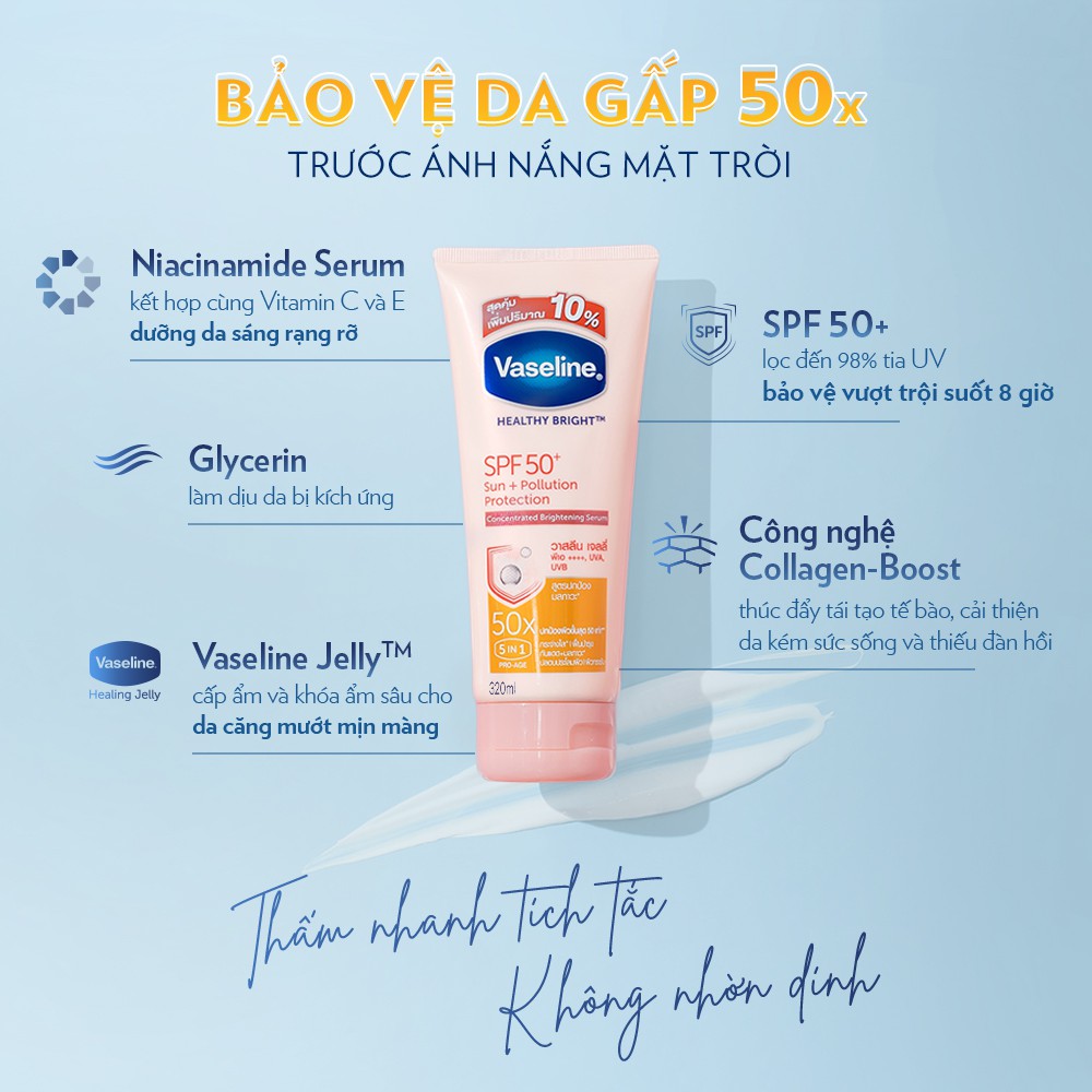 Serum chống nắng cơ thể Vaseline 50x bảo vệ da với SPF 50+ PA++++ giúp da sáng hơn gấp 2X 320ml