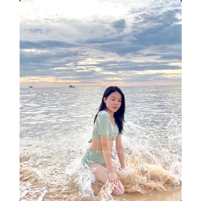 𝑹𝑬𝑼𝑺𝑺𝑰𝑬 𝑩𝑰𝑲𝑰𝑵𝑰 Đồ bơi hai mảnh cạp cao áo cộc tay phong cách Hàn Quốc #rsbkn160