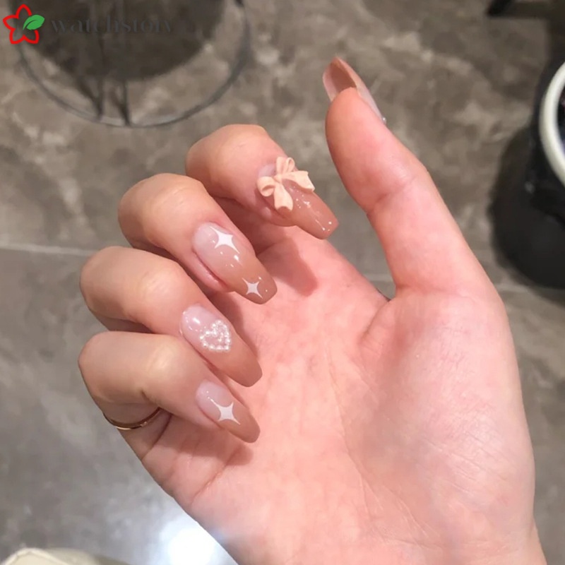 Set 24 Móng Tay Giả Dáng Dài Đính Nơ Có Thể Tháo Rời Thời Trang